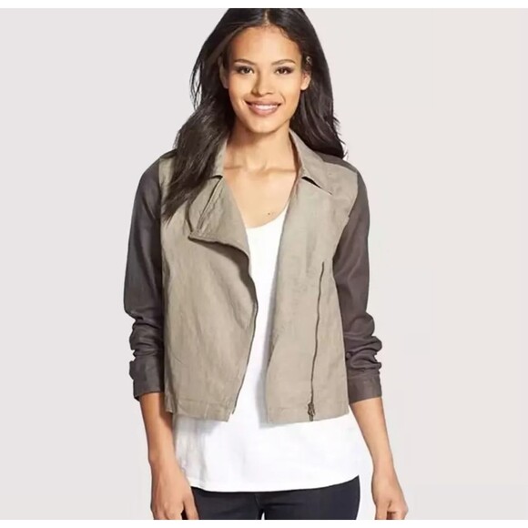 Eileen Fisher Coated Organic Linen Jacket Asymmetrical Zip Petite M Stone Moto - Picture 1 of 16